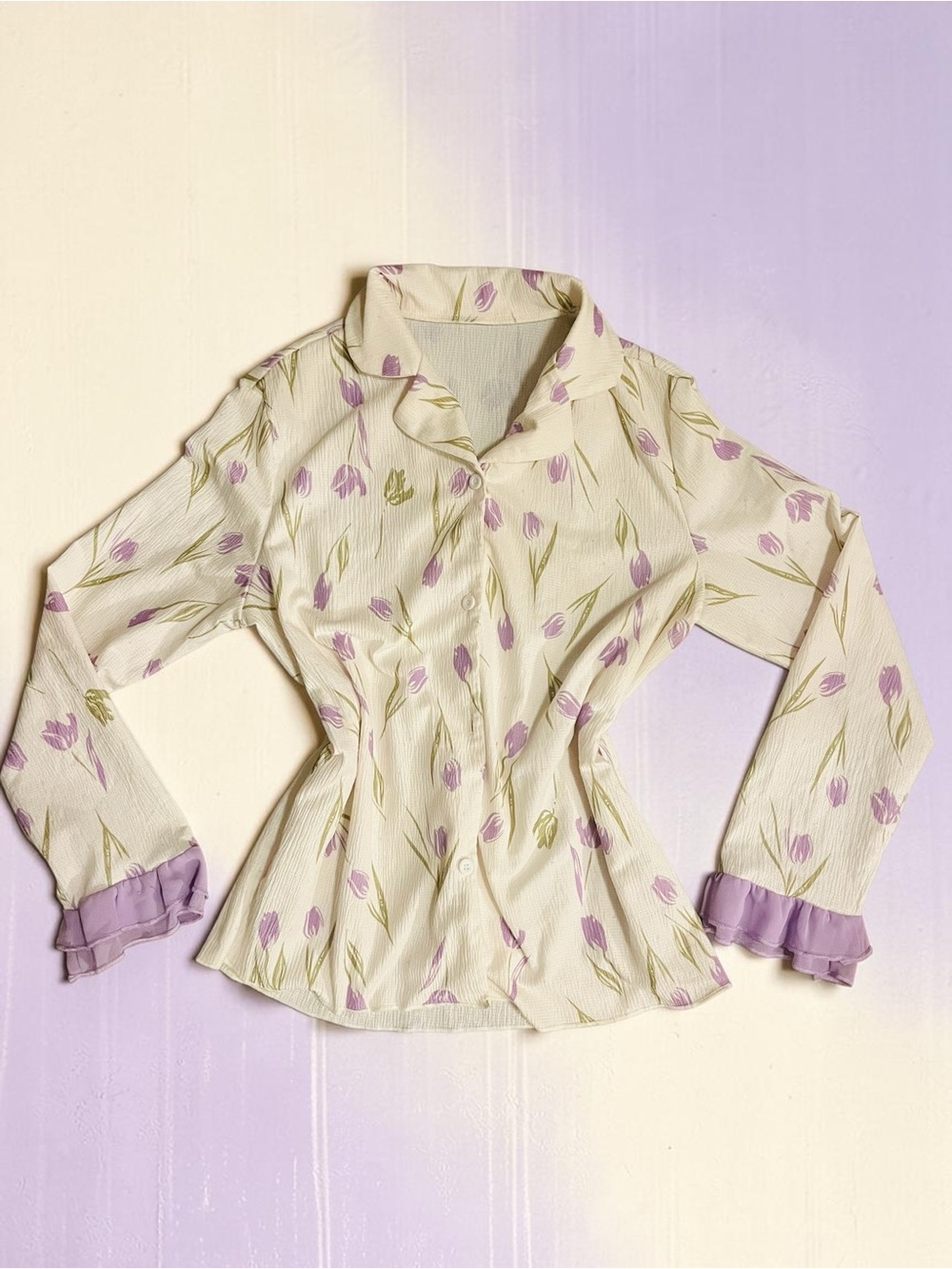 Vintage Style Purple Tulip Floral Button Down Shirt Ruffle Cuffs XS